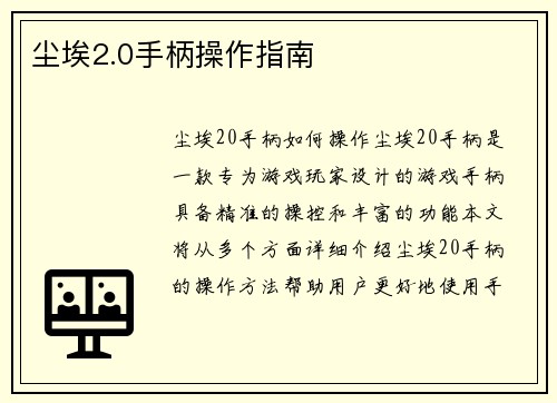 尘埃2.0手柄操作指南