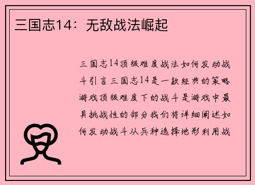 三国志14：无敌战法崛起