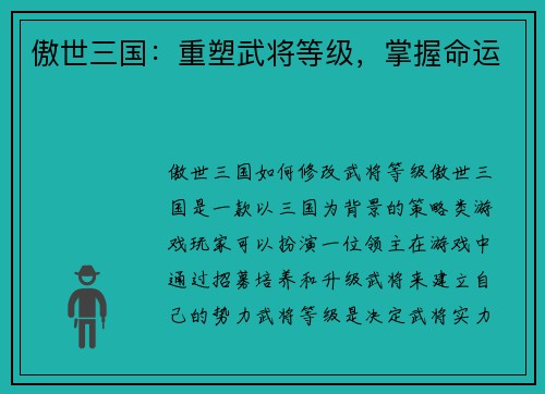 傲世三国：重塑武将等级，掌握命运