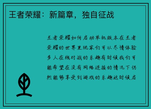 王者荣耀：新篇章，独自征战